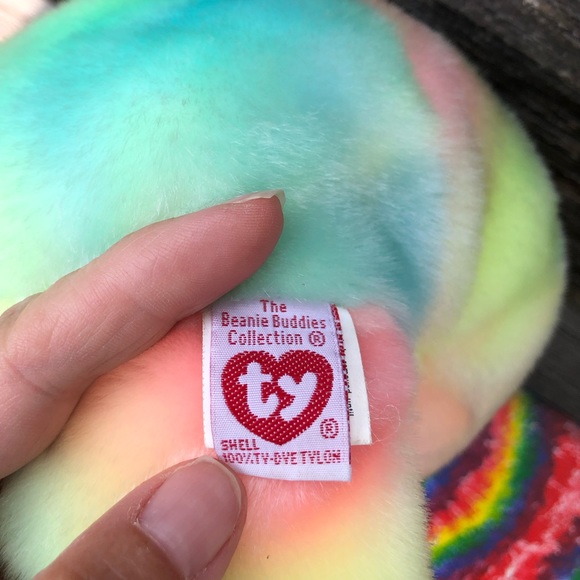 The Beanie Buddies Collection by TY 2001 B.B. Tie Dye Birthday Buddy Bear💛💙🩷 - Picture 8 of 14